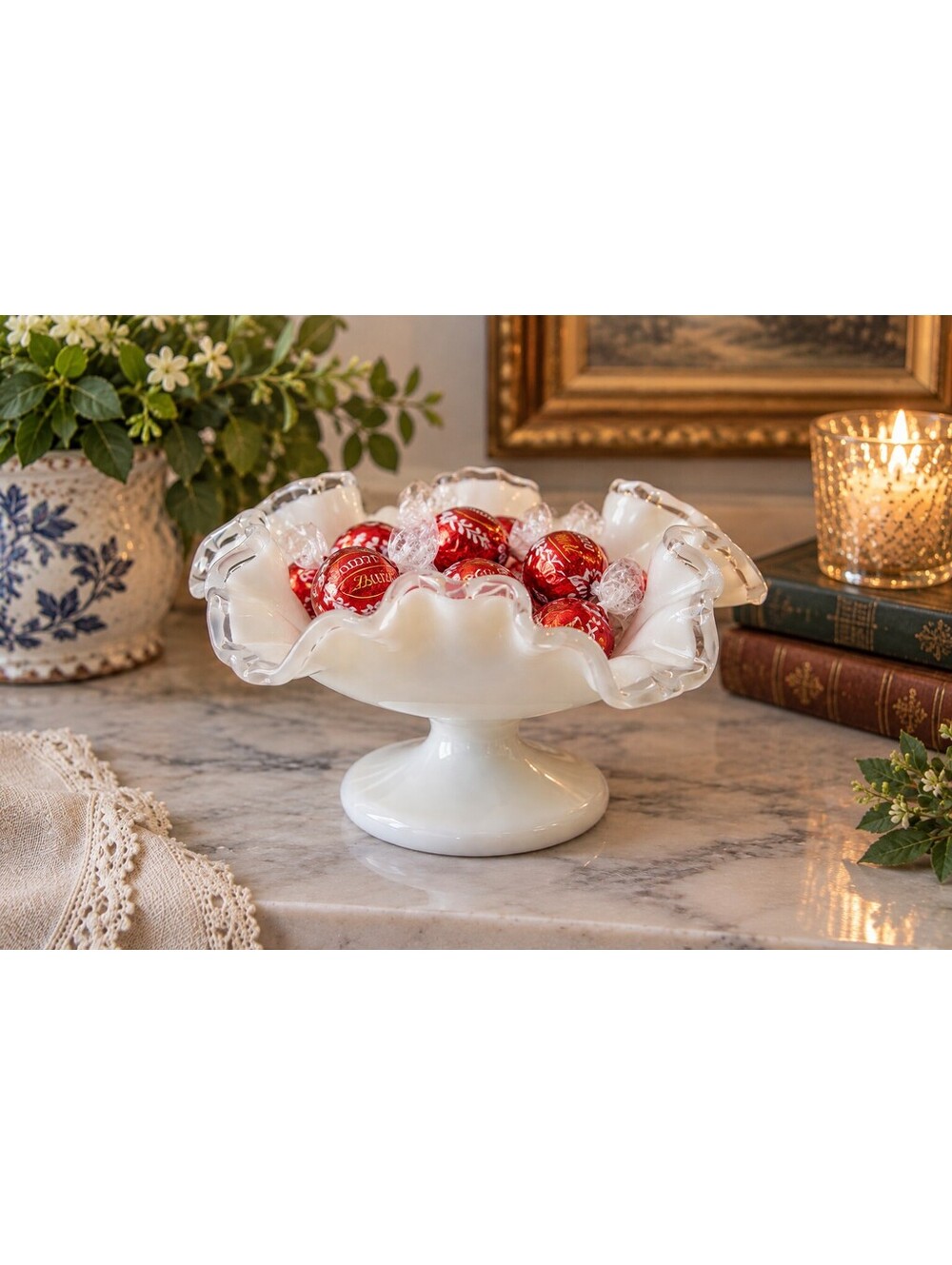 Vintage Fenton Silver Crest Milk Glass Ruffled Pedestal Compote Bowl 7"